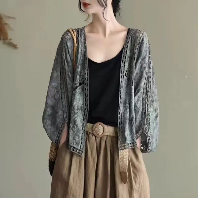 Cardigan Women Coat Lace Crochet Beach Sun Protection Gray - Shop at LoveMi