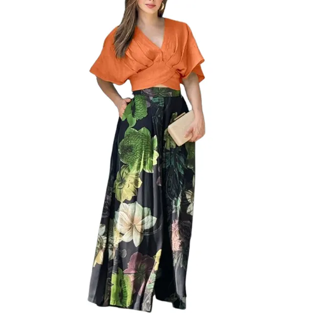 Women's Summer Short sleeved Top And Pocket Trousers Printed Two piece Suit Orange Flowers - Shop at LoveMi