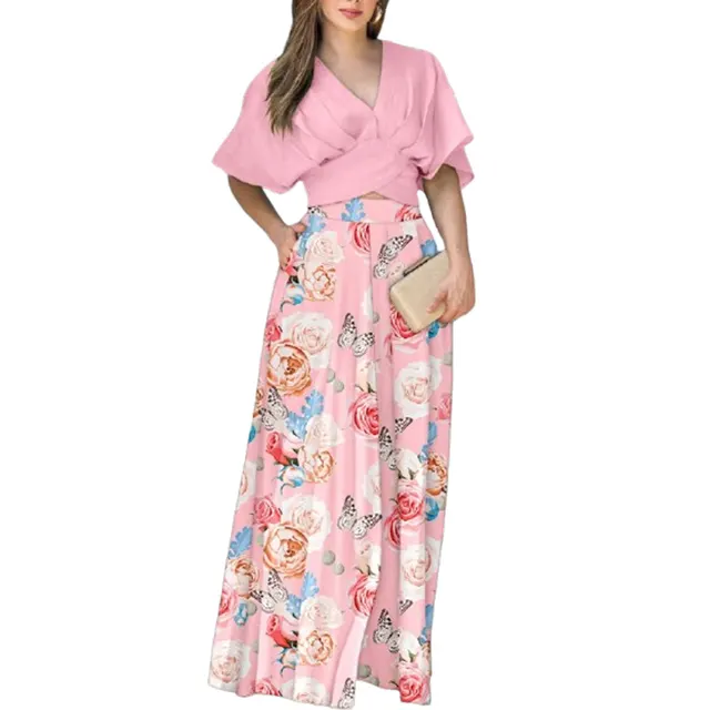 Women's Summer Short sleeved Top And Pocket Trousers Printed Two piece Suit Pink - Shop at LoveMi