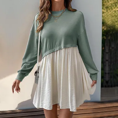 Personal Leisure Date Round Neck Long Sleeve Color Matching Loose Dress Green - Shop at LoveMi