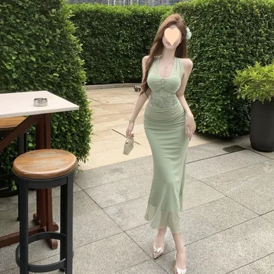Adult Lady Like Woman Long Dress French Halter Mesh Dress Light Green - Shop at LoveMi