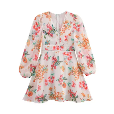 Summer Small Floral Flower Printed V neck Tight Waist Patchwork Edge Dress Picture Color - Shop at LoveMi