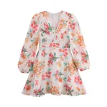 Summer Small Floral Flower Printed V-neck Tight Waist Patchwork Edge Dress - View 1