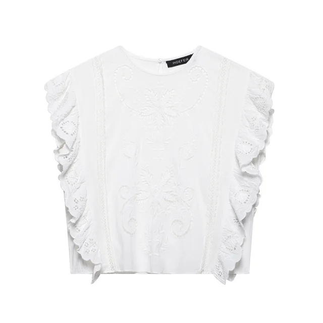 Wooden Ear Sleeveless T shirt Romantic Embroidered Hollow Top Picture Color - Shop at LoveMi