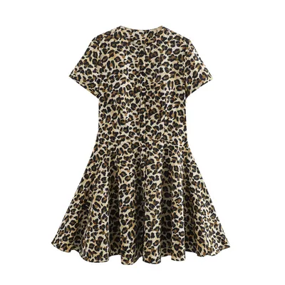 European And American Fashion Printed Round Neck Loose Leisure Short Dress Leopard Print - Shop at LoveMi
