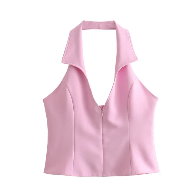 Sweet And Spicy Style Backless Slim Fit Shirt Hanging Collar Top Low Waist Skirt Pants Pink Top - Shop at LoveMi