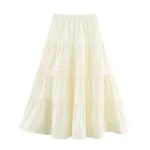 Solid Color Cotton Cloth Big Hem Skirt Stripes Multi-layer Tiered Dress - Apricot