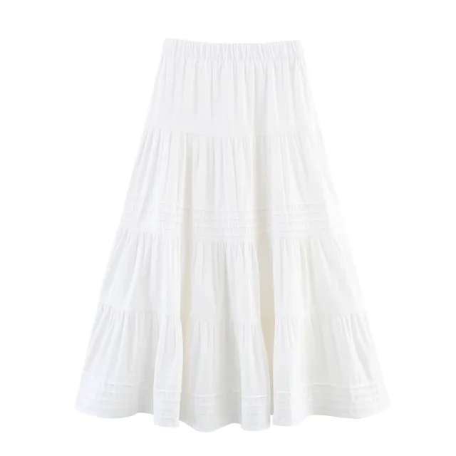 Solid Color Cotton Cloth Big Hem Skirt Stripes Multi layer Tiered Dress White - Shop at LoveMi