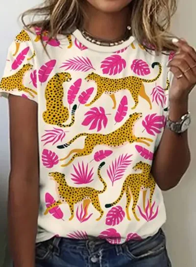 Animal Pattern Short Sleeve Round Neck T shirt Me13Hl250416Y004 - Shop at LoveMi