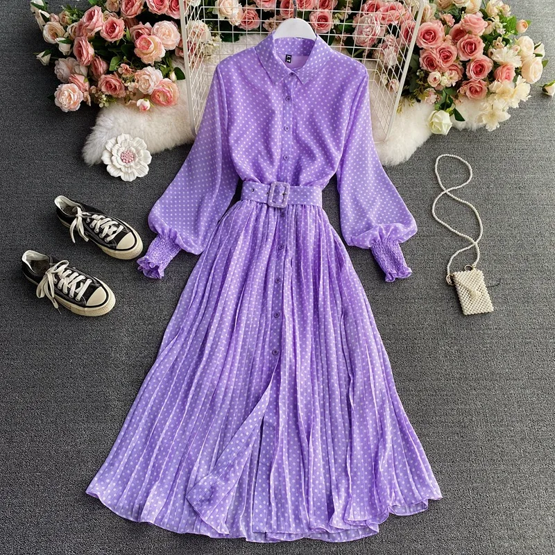 Polka Dot Chiffon Shirt Collar Temperament Waist controlled Large Hem Pleated Long Skirt Violet - Shop at LoveMi