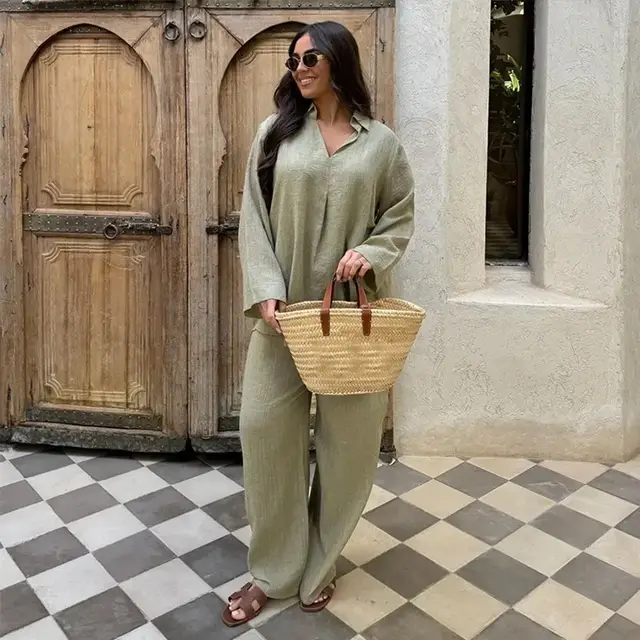 Summer And Autumn V neck Women's Shirt Two piece Set Green - Shop at LoveMi