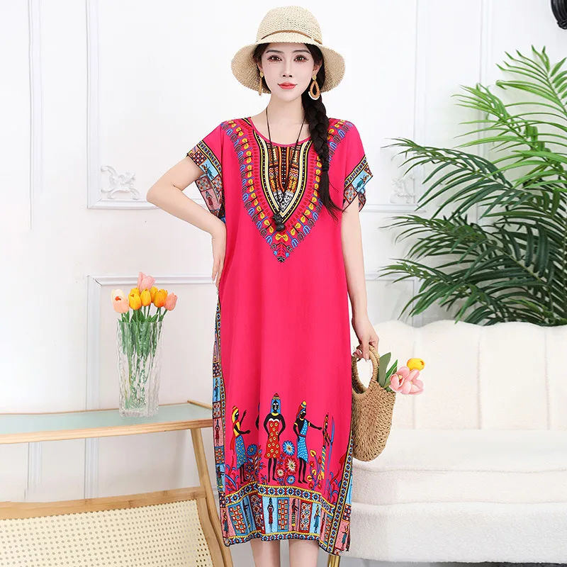 Loose Cotton Silk Bohemian Style Holiday Dress - Horse Rose Red