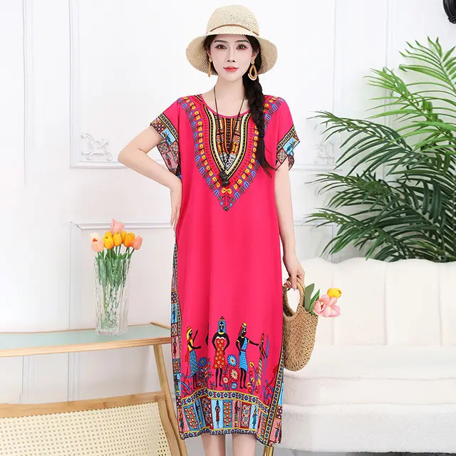 Loose Cotton Silk Bohemian Style Holiday Dress Horse Rose Red - Shop at LoveMi