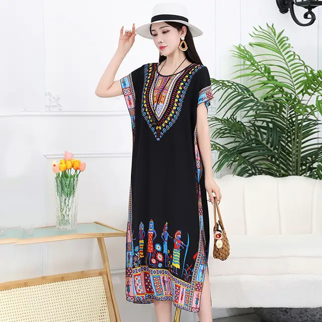 Loose Cotton Silk Bohemian Style Holiday Dress Man Horse Black - Shop at LoveMi
