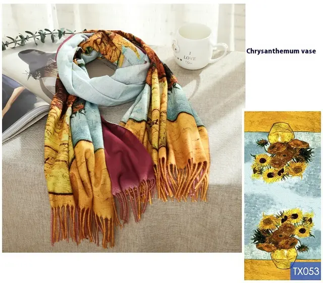 Tassel Digital Printing Scarf Cashmere Oil Painting Shawl Chrysanthemum Tx053 Style - Shop at LoveMi