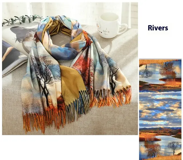Tassel Digital Printing Scarf Cashmere Oil Painting Shawl River - Shop at LoveMi