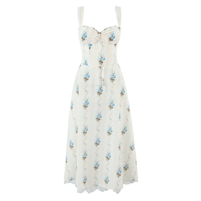 Elegant Cotton Printed Fishbone Waist Trimming Spaghetti Straps Tank Dress - Shop at LoveMi