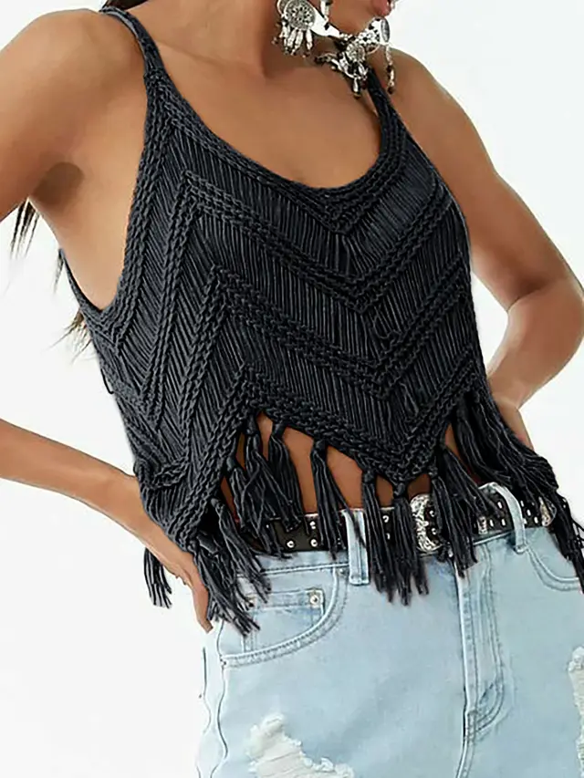 Women's Knitwear Tassel Pullover Hollow Out Black - Shop at LoveMi