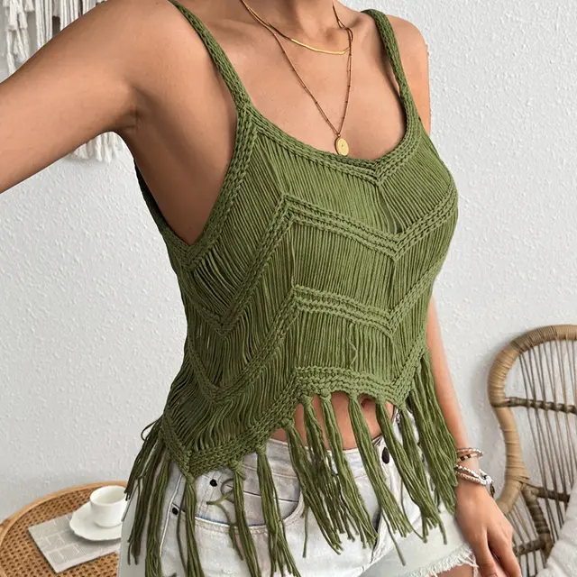 Women's Knitwear Tassel Pullover Hollow Out Green - Shop at LoveMi
