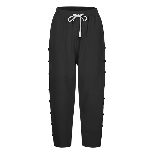 Casual Patchwork Button Cropped Pants For Women Black - Shop at LoveMi