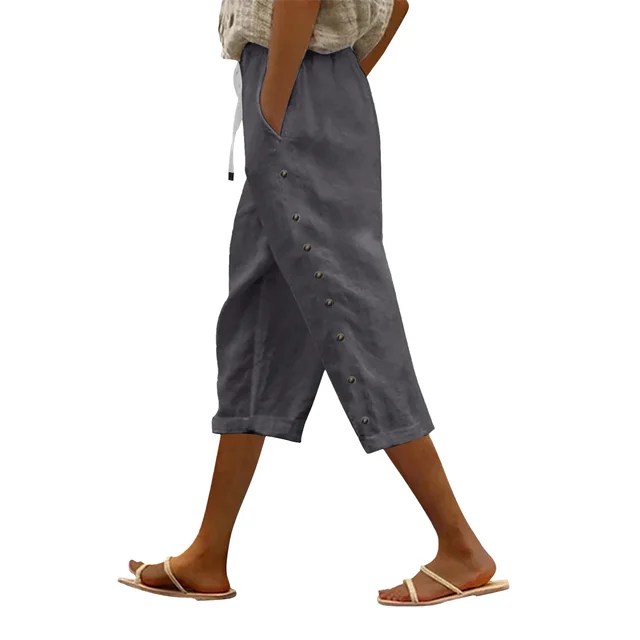 Casual Patchwork Button Cropped Pants For Women Dark Gray - Shop at LoveMi