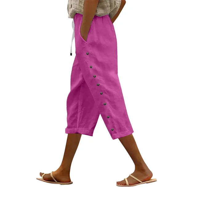 Casual Patchwork Button Cropped Pants For Women Rose Red - Shop at LoveMi