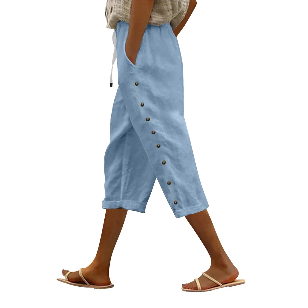 Casual Patchwork Button Cropped Pants For Women - Sky Blue