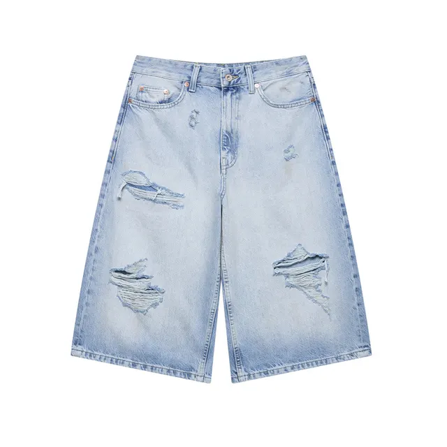 Perforated Hole Decoration Mid waist Denim Casual Shorts Picture Color - Shop at LoveMi