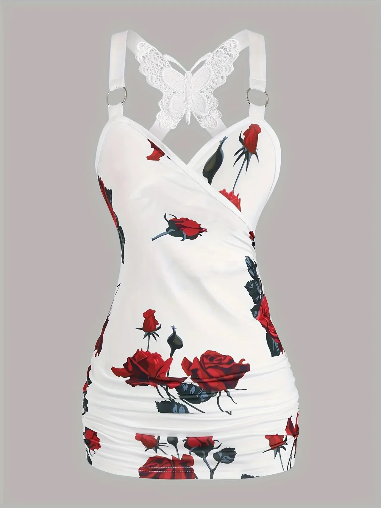 Spring And Summer New Women's Rose Print Pleated Suspender Cross Tank Top - Color