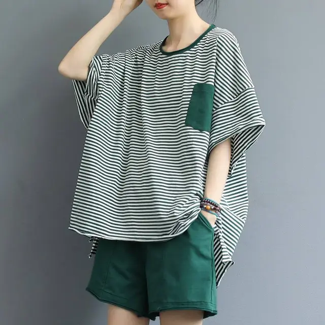 Korean Style Loose Plus Size Shorts Casual Suit Summer Women Green Stripe Suit - Shop at LoveMi