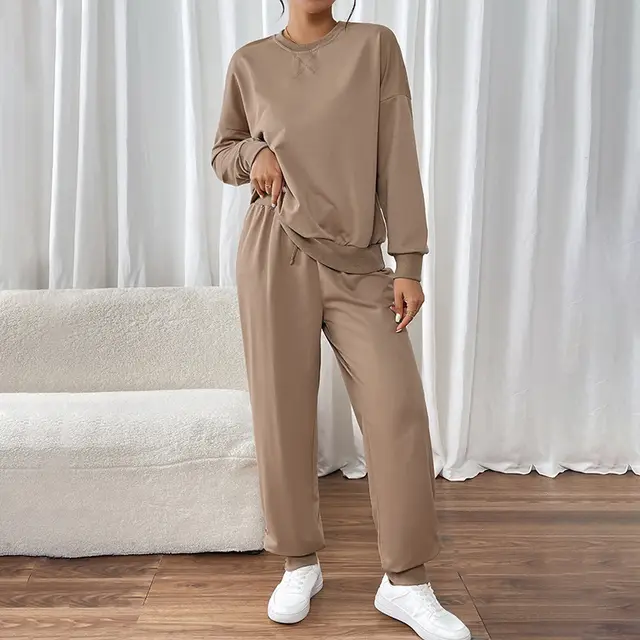 Autumn And Winter Solid Color Crew Neck Casual Sweater Two piece Set Coffee Brown - Shop at LoveMi