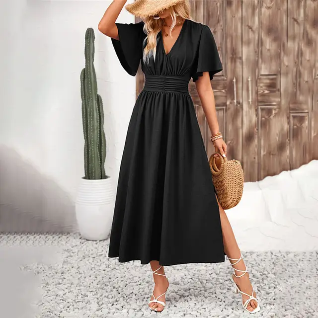 Women's Ruffle Sleeve Split Elastic Waist Polyester Dress Black - Shop at LoveMi