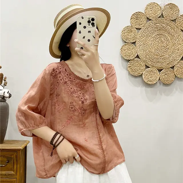 Cotton And Linen Thin Embroidery T shirt Female Art Blouse Pink - Shop at LoveMi