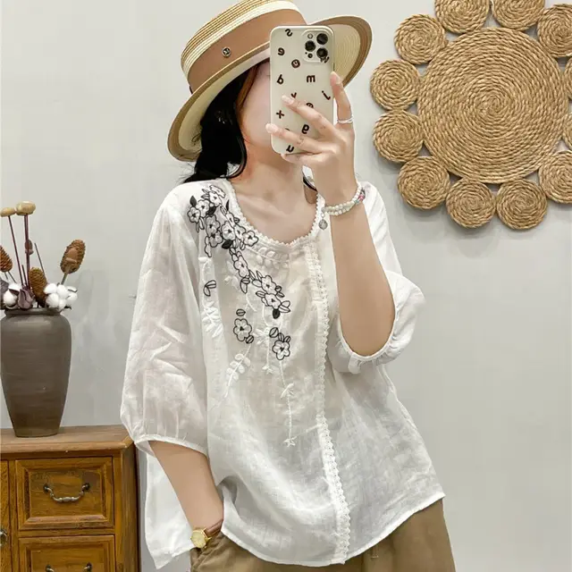 Cotton And Linen Thin Embroidery T shirt Female Art Blouse White - Shop at LoveMi