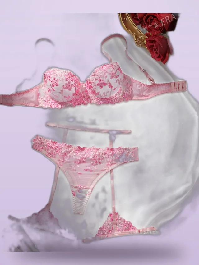 Fashion Sexy Thin Underwear Embroidered Floral Lace Push Up Bra Set Pink - Shop at LoveMi