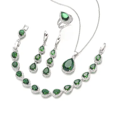 Water Drop Long Necklace Earring Ring Bracelet Ornament Suit Green - Shop at LoveMi