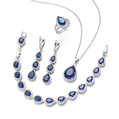 Water Drop Long Necklace Earring Ring Bracelet Ornament Suit Sapphire Blue - Shop at LoveMi