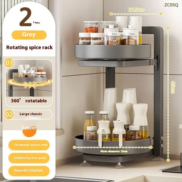 Kitchen Countertop Multi function Rotating Seasoning Product Storage Rack 2 Layers Of Gray - Shop at LoveMi
