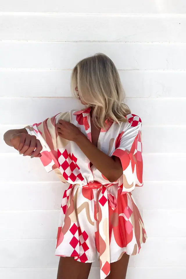 Women's Printed Lace Up Waist tight Cardigan 5 point Sleeve One piece Shorts Flower Color 2 - Shop at LoveMi