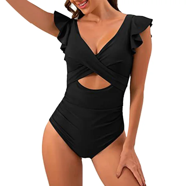 Color Contrast Patchwork Flounce Covered Belly Swimsuit Black - Shop at LoveMi