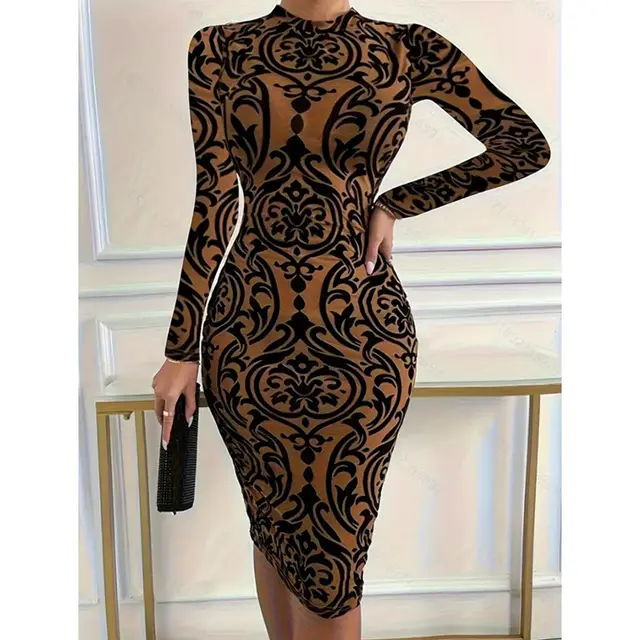 Women's Mid collar Sexy Polyester Hip Skirt Long Retro Pattern - Shop at LoveMi