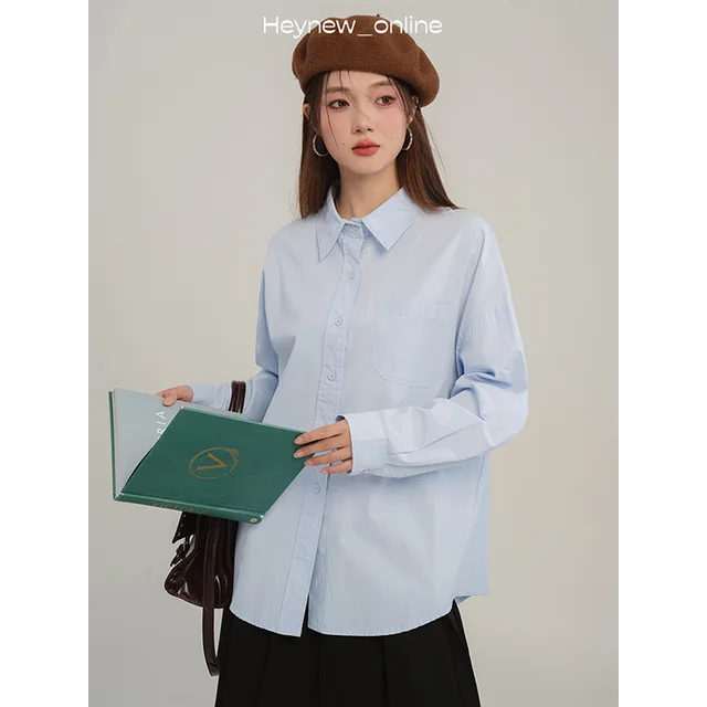 Solid Color Shirt For Women Casual Fashion All matching Light Blue - Shop at LoveMi