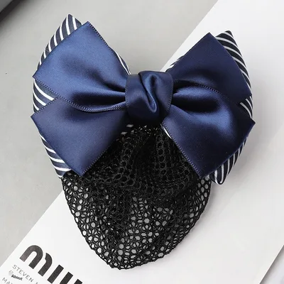 Professional Headdress Flower Bow Net Pocket Worker Work Plate Hair Clip Ornament Bold Stripes Blue Fine Mesh - Shop at LoveMi