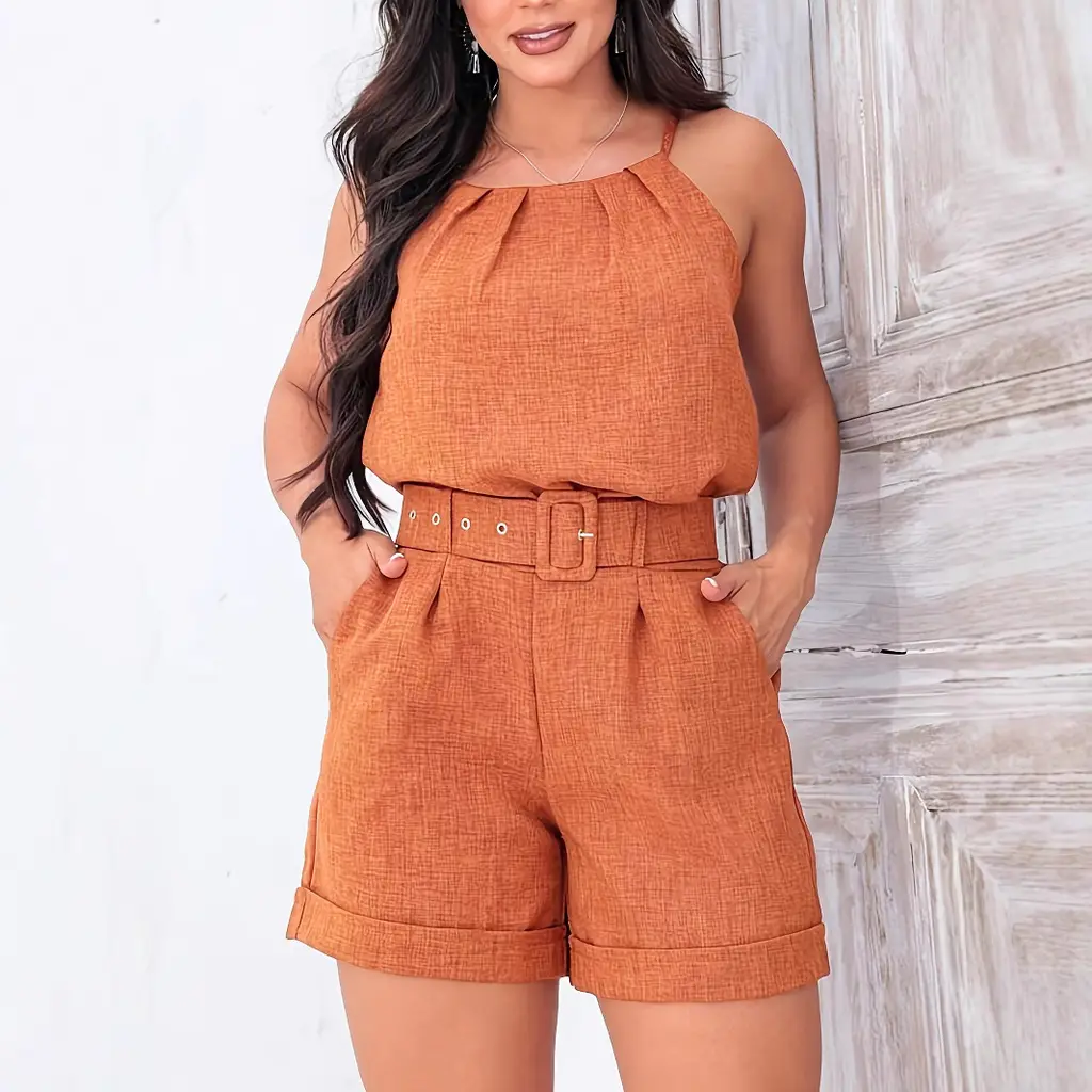 New Solid Color Pleated Pullover High Waist With Belt Hem Shorts Fashion Suspenders Women's Suit - Orange Red - View 1
