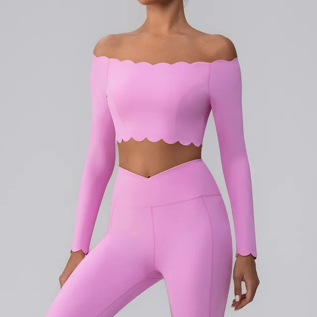 Off shoulder Yoga Clothing Top Push Up With Breast Pads Bright Pink - Shop at LoveMi
