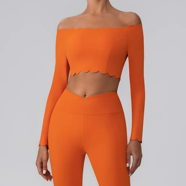 Off shoulder Yoga Clothing Top Push Up With Breast Pads Orange Red - Shop at LoveMi
