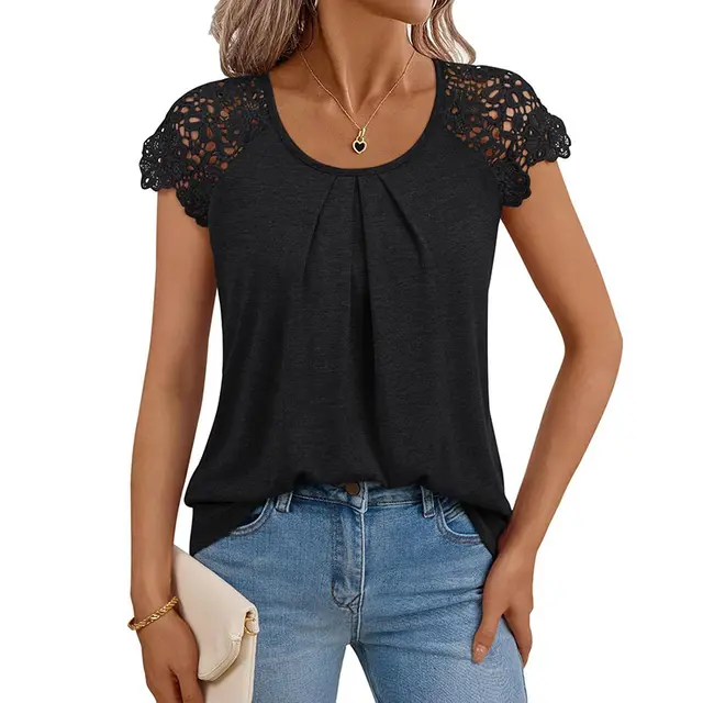 Women's Lace Sleeve Top Short Sleeve Black - Shop at LoveMi