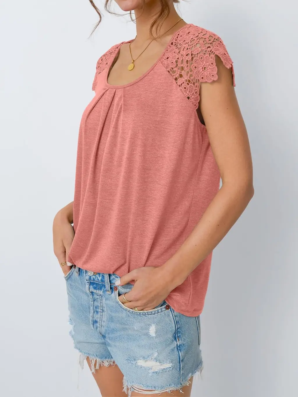 Women's Lace Sleeve Top Short Sleeve - Coral - View 1