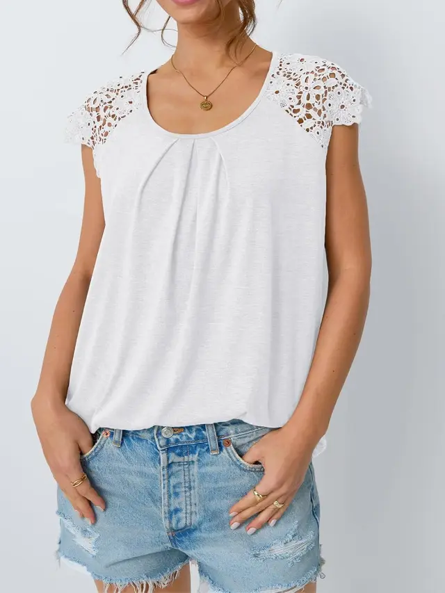 Women's Lace Sleeve Top Short Sleeve White - Shop at LoveMi