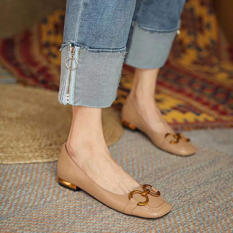 Pumps Low Heel Wanwan Lei Style Shallow Mouth Metal Flat Shoes Apricot - Shop at LoveMi